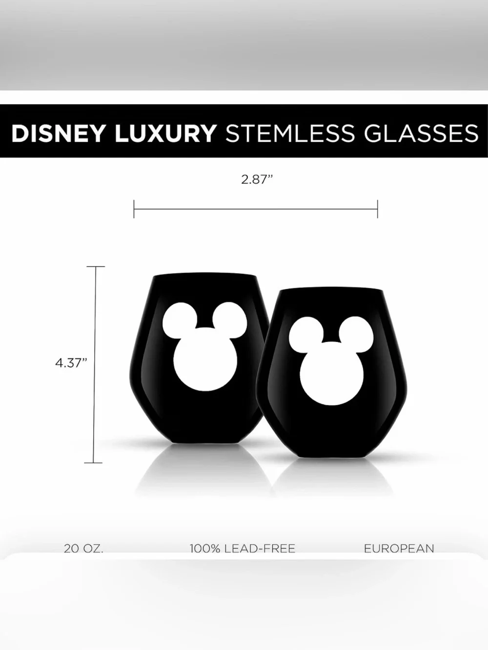 JoyJolt Disney Luxury Mickey Mouse Stemless Wine Glasses Set of 2 Black NEW